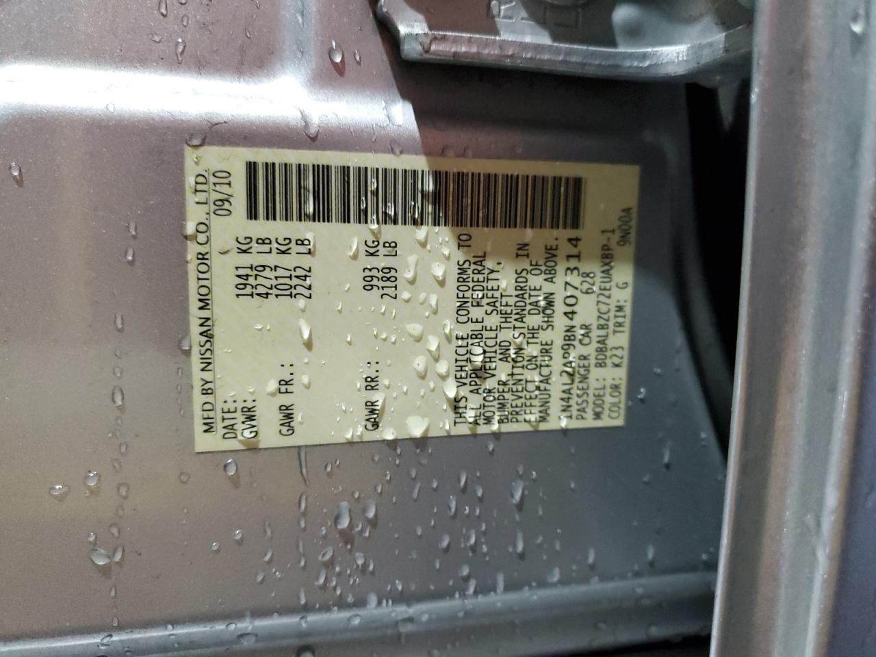 NISSAN ALTIMA 2011 VIN 1N4AL2AP9BN407314 zdjęcie 13