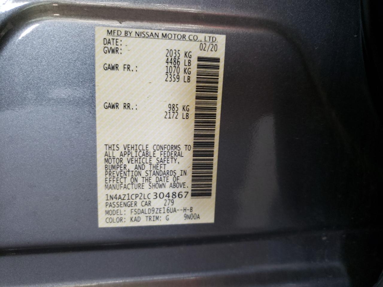 2020 Nissan Leaf Sv VIN: 1N4AZ1CP2LC304867 Lot: 51850865