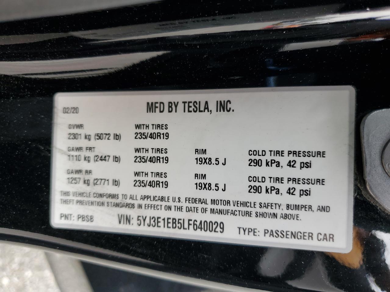 2020 Tesla Model 3 VIN: 5YJ3E1EB5LF640029 Lot: 53111145