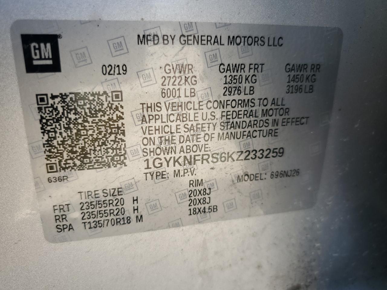 2019 Cadillac Xt5 Premium Luxury VIN: 1GYKNFRS6KZ233259 Lot: 53647695
