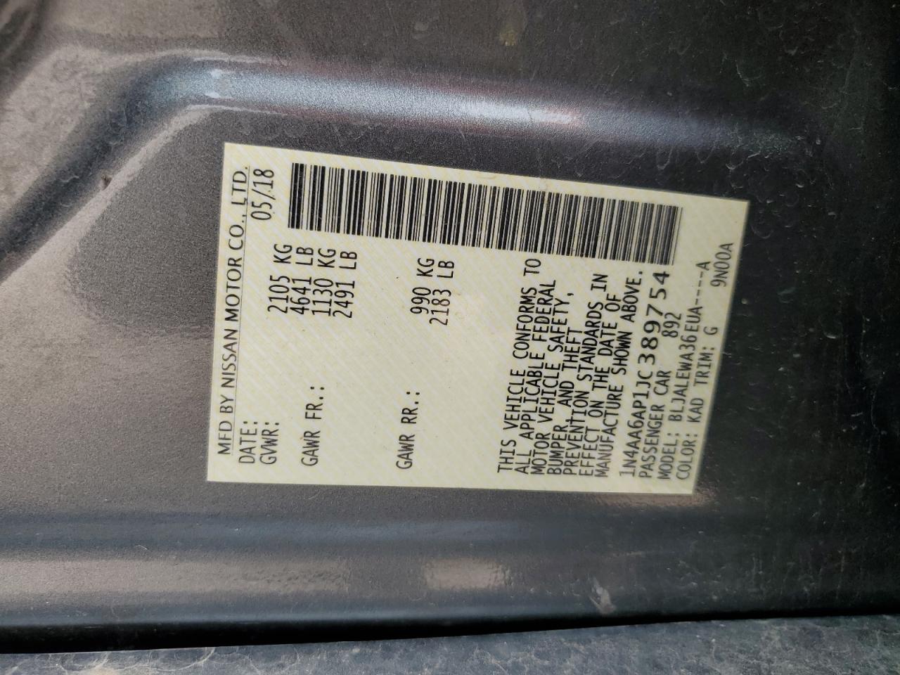 2018 Nissan Maxima 3.5S VIN: 1N4AA6AP1JC389754 Lot: 53978475
