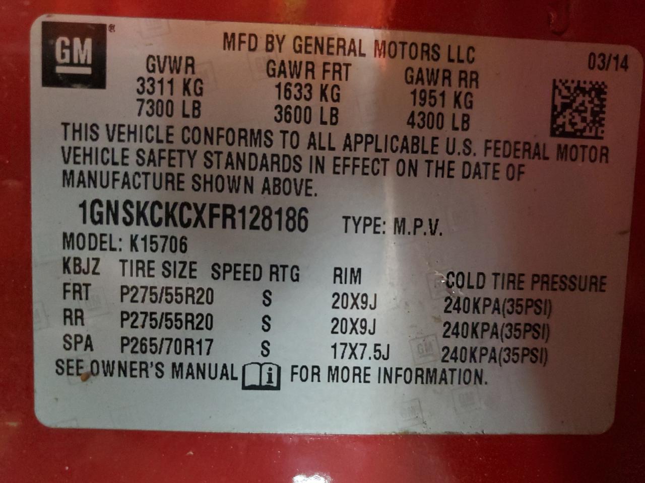 2015 Chevrolet Tahoe K1500 Ltz VIN: 1GNSKCKCXFR128186 Lot: 52496995