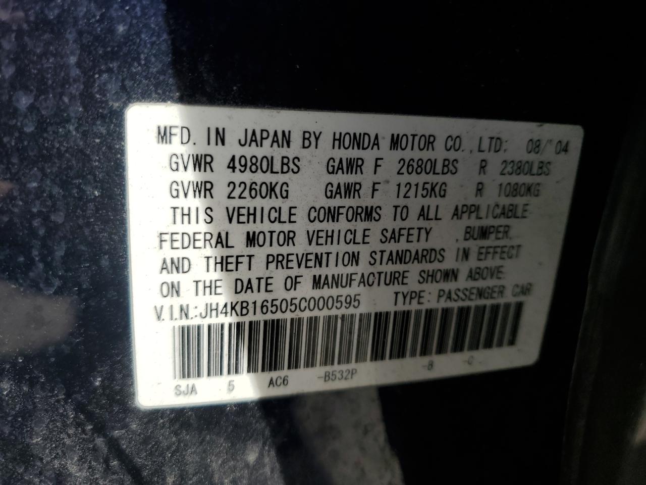 2005 Acura Rl VIN: JH4KB16505C000595 Lot: 54083305