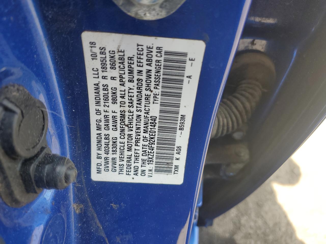 2019 Honda Insight Touring VIN: 19XZE4F92KE014840 Lot: 53956995