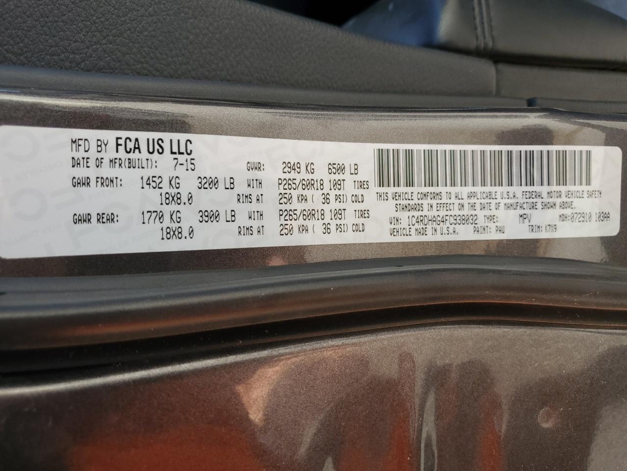 2015 Dodge Durango Sxt VIN: 1C4RDHAG4FC938032 Lot: 52642665