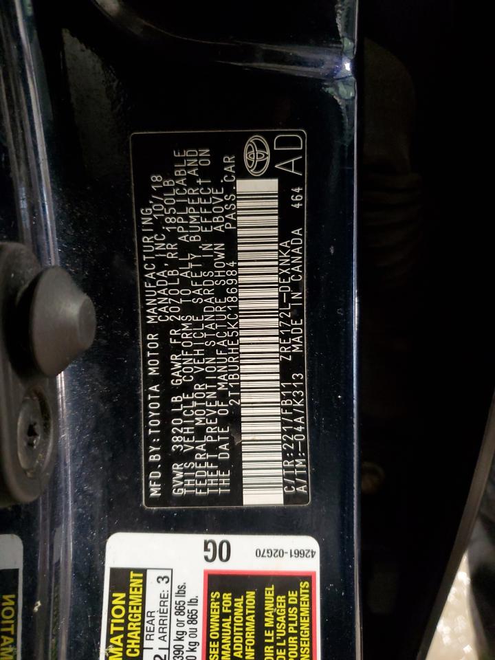 2019 Toyota Corolla L VIN: 2T1BURHE5KC186984 Lot: 52187685