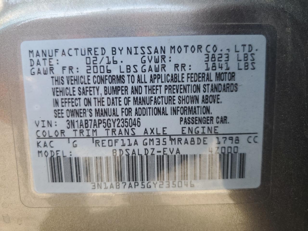 2016 Nissan Sentra S VIN: 3N1AB7AP5GY235046 Lot: 54899685