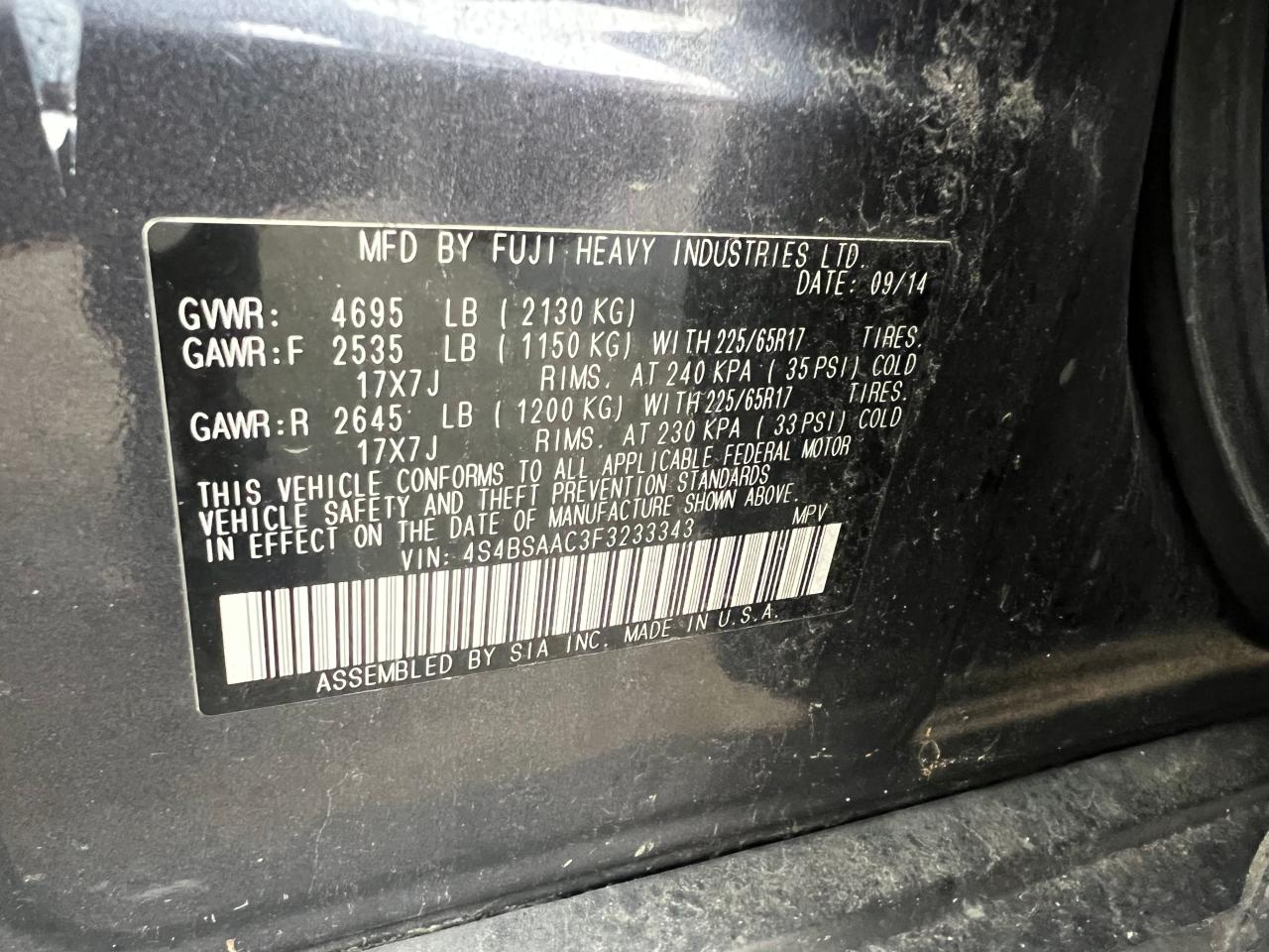 2015 Subaru Outback 2.5I VIN: 4S4BSAAC3F323334 Lot: 53119815