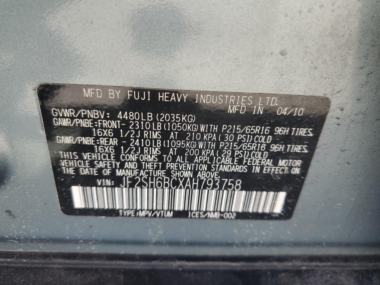 2010 Subaru Forester Xs VIN: JF2SH6BCXAH793758 Lot: 53728035