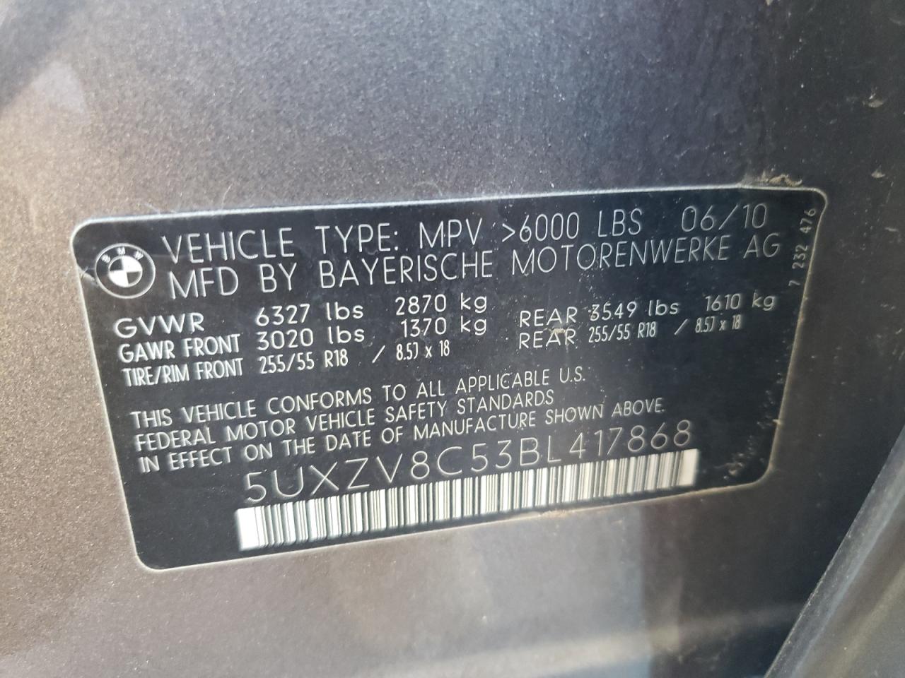 2011 BMW X5 xDrive50I VIN: 5UXZV8C53BL417868 Lot: 55095935