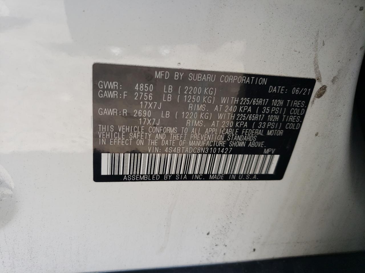 2022 Subaru Outback Premium VIN: 4S4BTADC8N3101427 Lot: 52764635