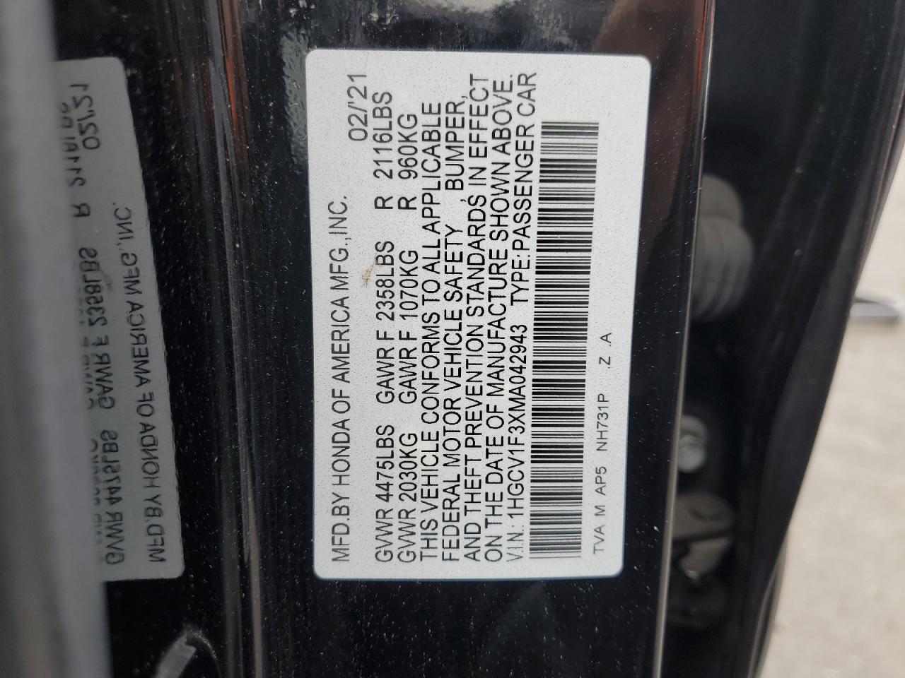 2021 Honda Accord Sport VIN: 1HGCV1F3XMA042943 Lot: 53166505