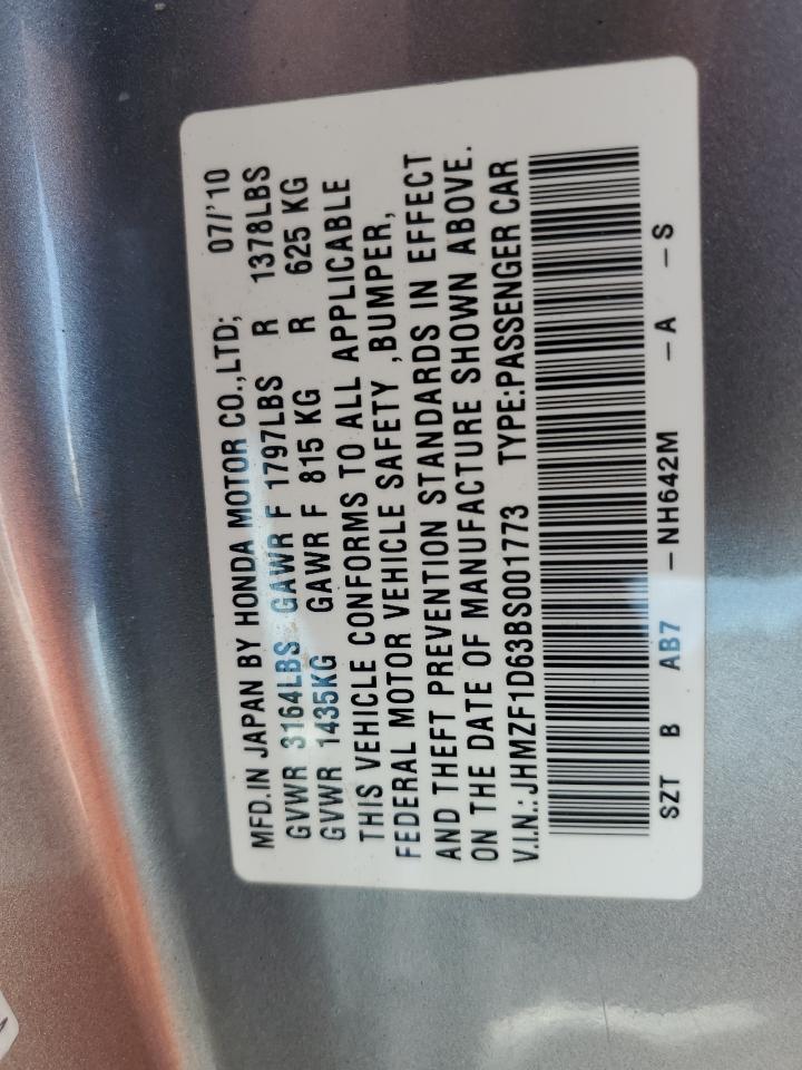 2011 Honda Cr-Z Ex VIN: HMZF1D63BS001773 Lot: 51692215