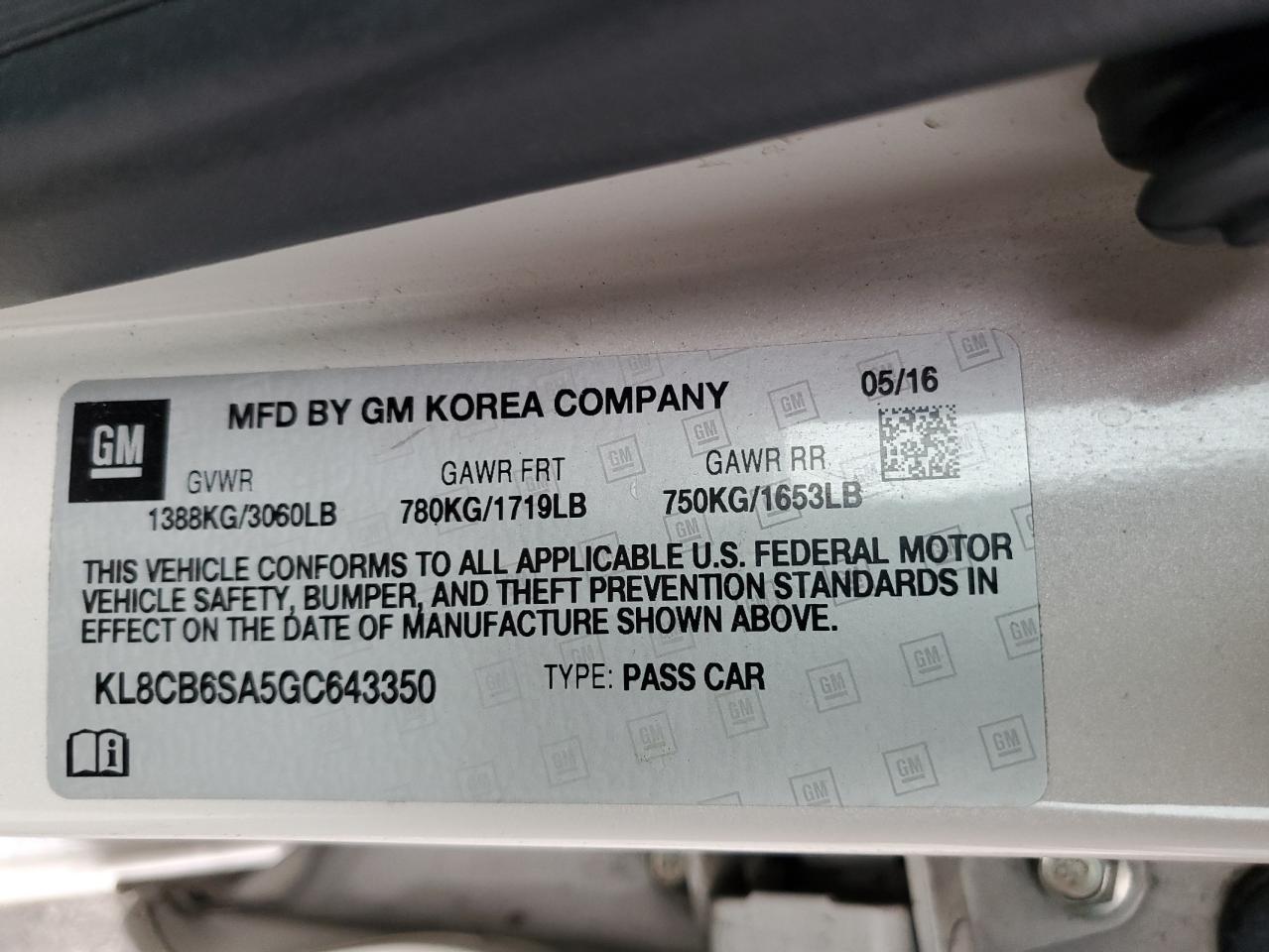 2016 Chevrolet Spark Ls VIN: KL8CB6SA5GC643350 Lot: 55153395