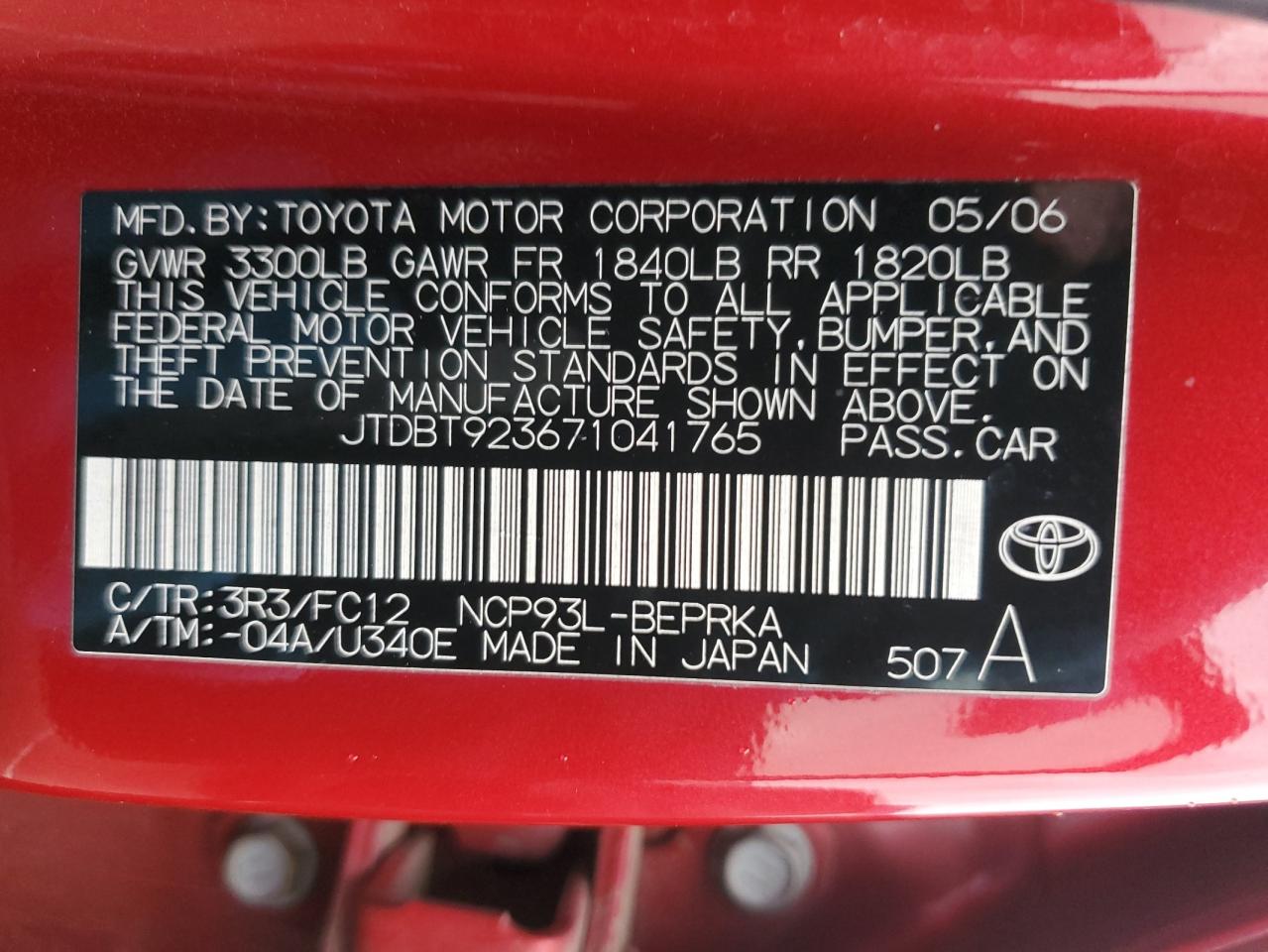 2007 Toyota Yaris VIN: JTDBT923671041765 Lot: 53848785