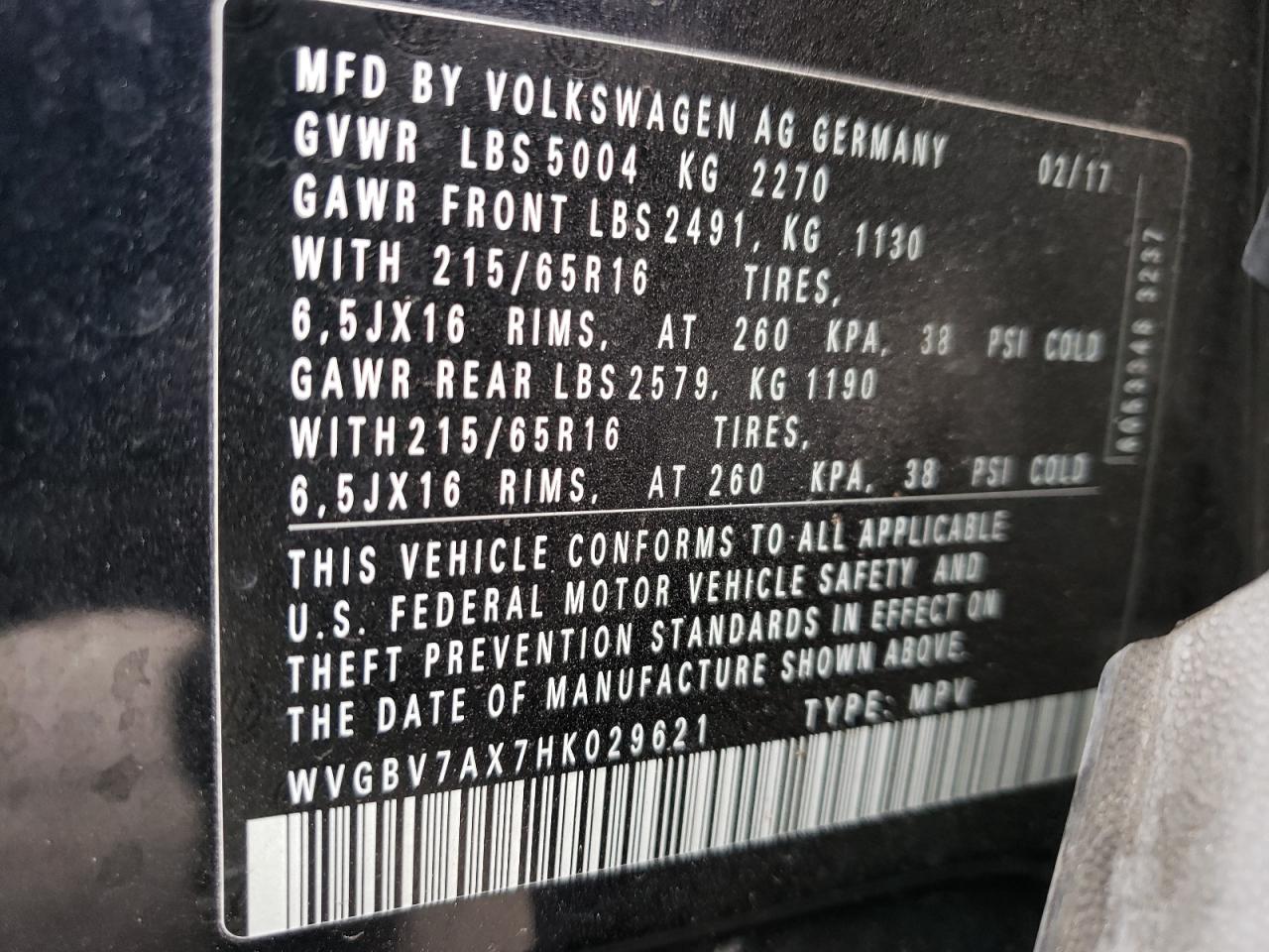 2017 Volkswagen Tiguan S VIN: WVGBV7AX7HK029621 Lot: 54790475