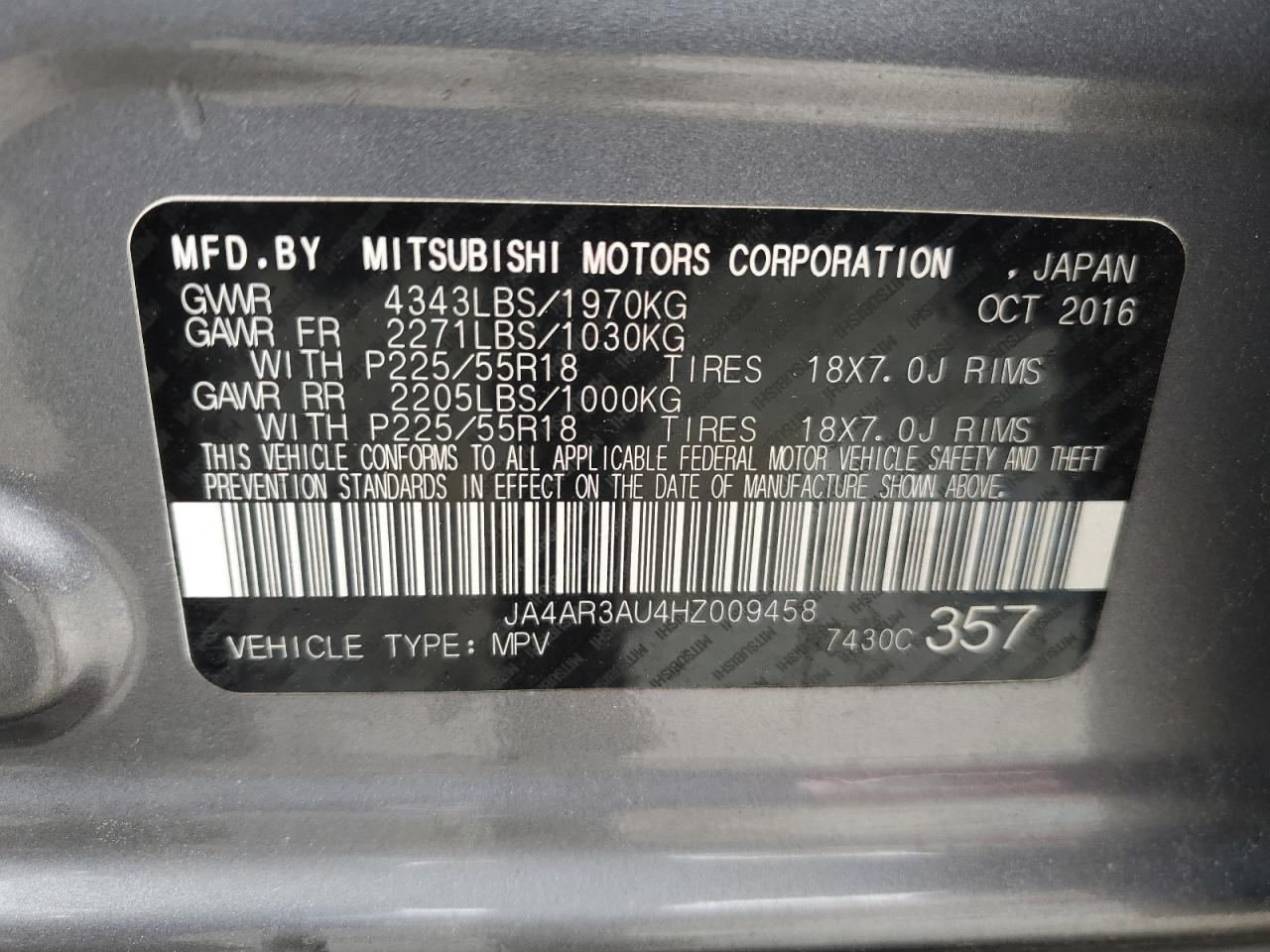 2017 Mitsubishi Outlander Sport Es VIN: JA4AR3AU4HZ009458 Lot: 52795905