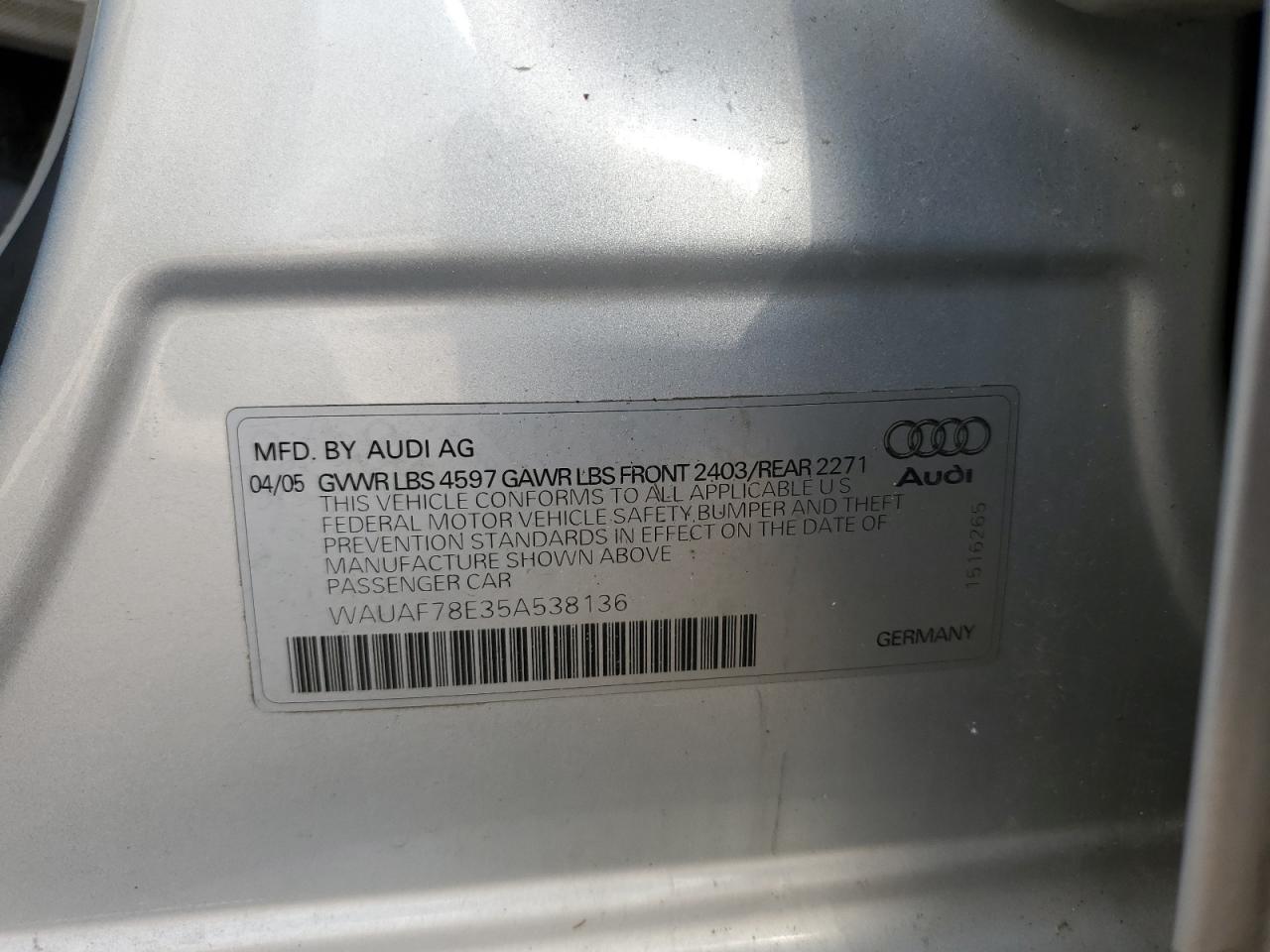2005 Audi A4 2.0T VIN: WAUAF78E35A538136 Lot: 50372045