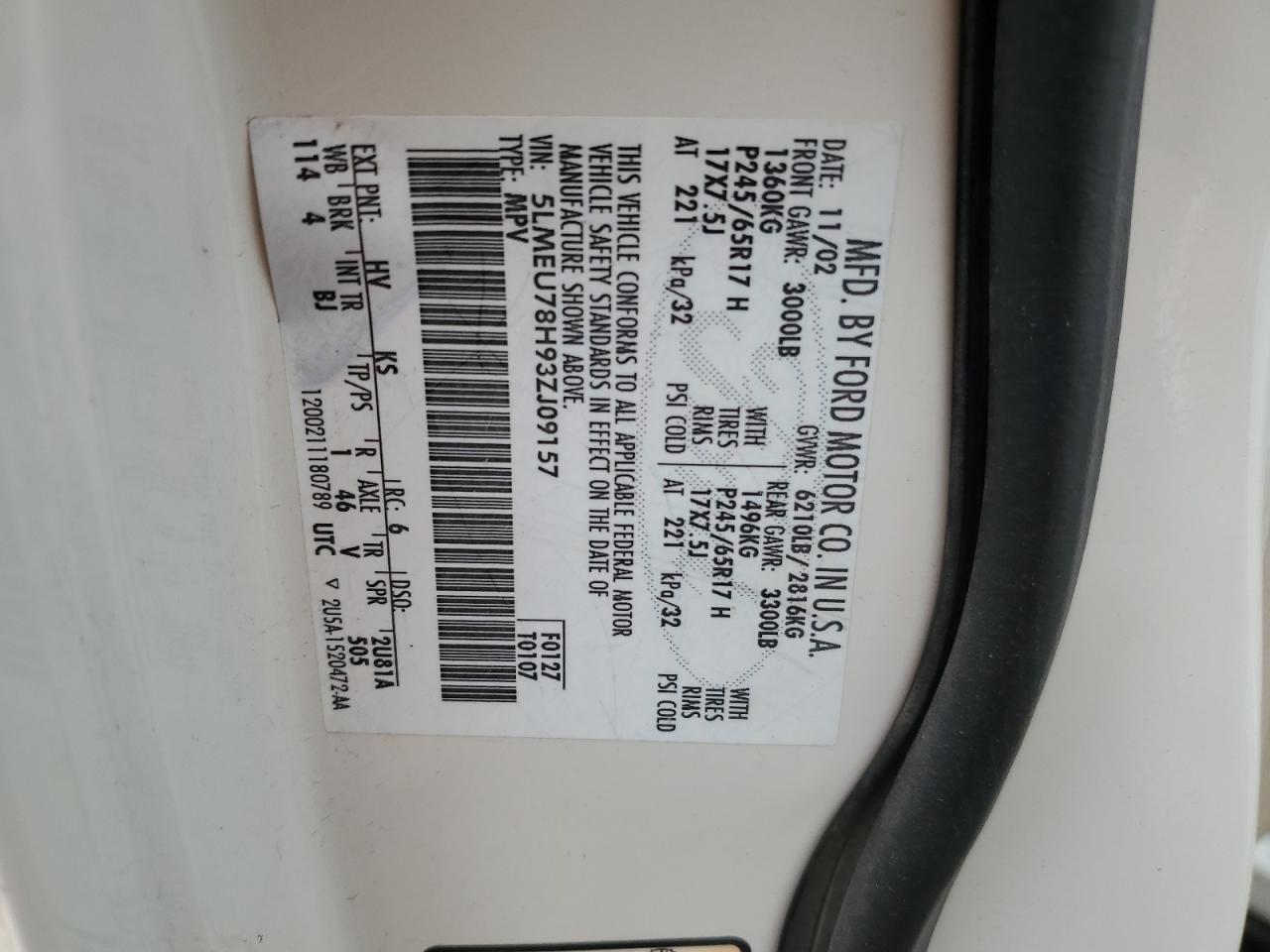 2003 Lincoln Aviator VIN: 5LMEU78H93ZJ09157 Lot: 54824685