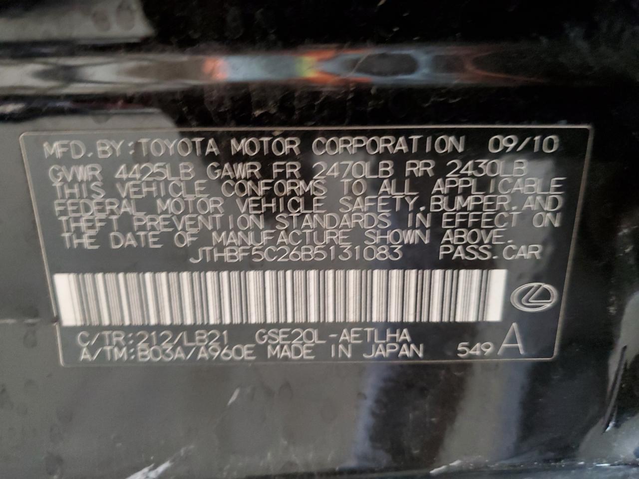 2011 Lexus Is 250 VIN: JTHBF5C26B5131083 Lot: 52926715