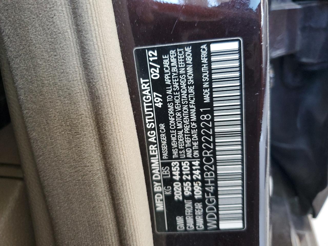 2012 Mercedes-Benz C 250 VIN: WDDGF4HB2CR222281 Lot: 55013895