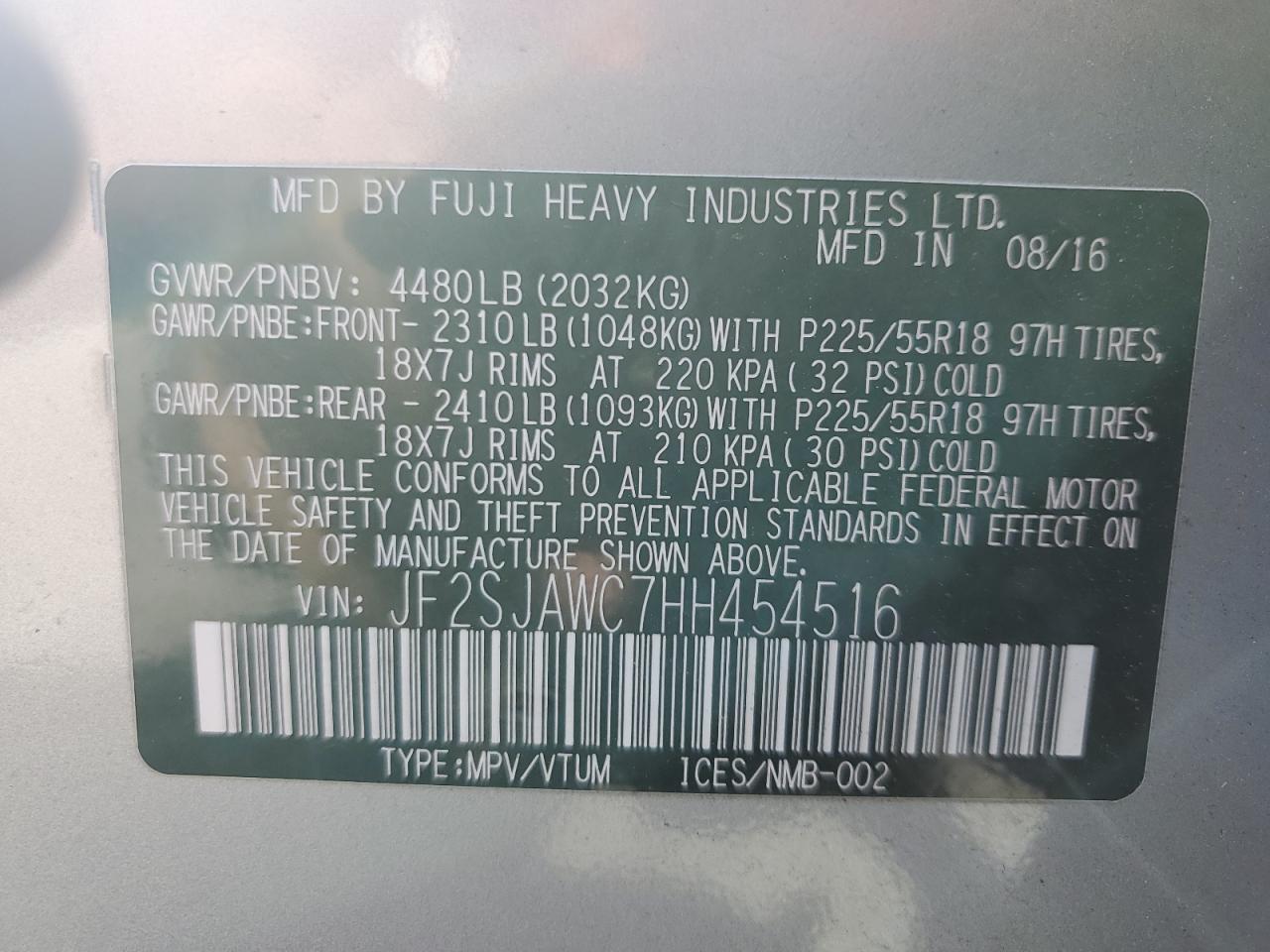 2017 Subaru Forester 2.5I Touring VIN: JF2SJAWC7HH454516 Lot: 53656785