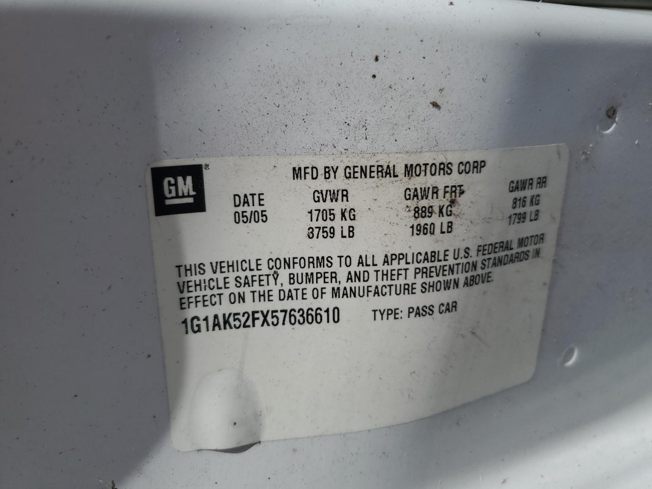 2005 Chevrolet Cobalt VIN: 1G1AK52FX57636610 Lot: 51441775