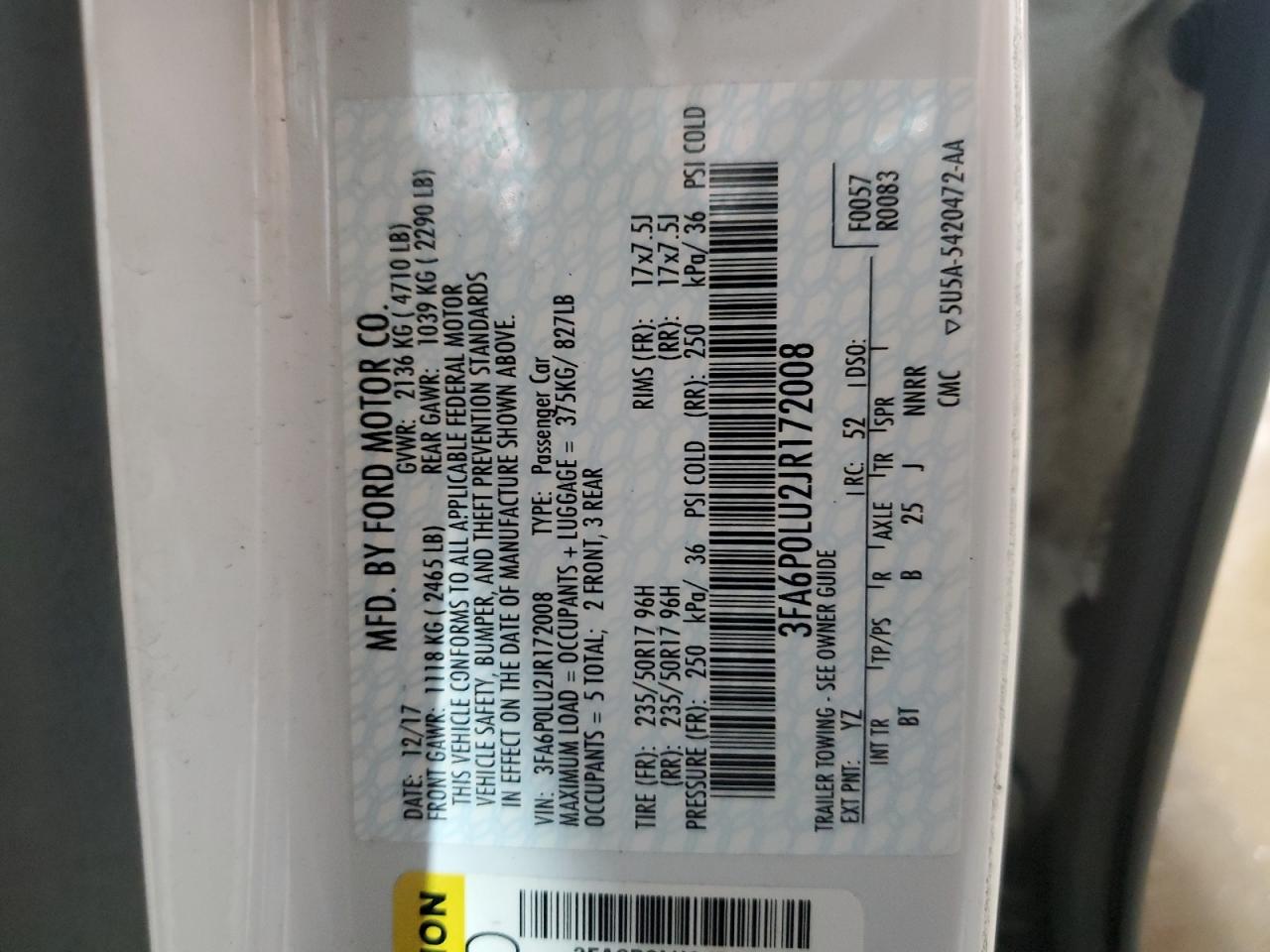 2018 Ford Fusion Se Hybrid VIN: 3FA6P0LU2JR172008 Lot: 54026545