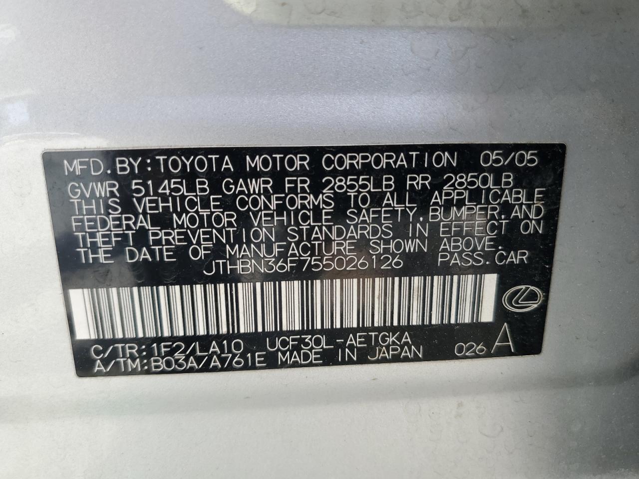 2005 Lexus Ls 430 VIN: JTHBN36F755026126 Lot: 54483335