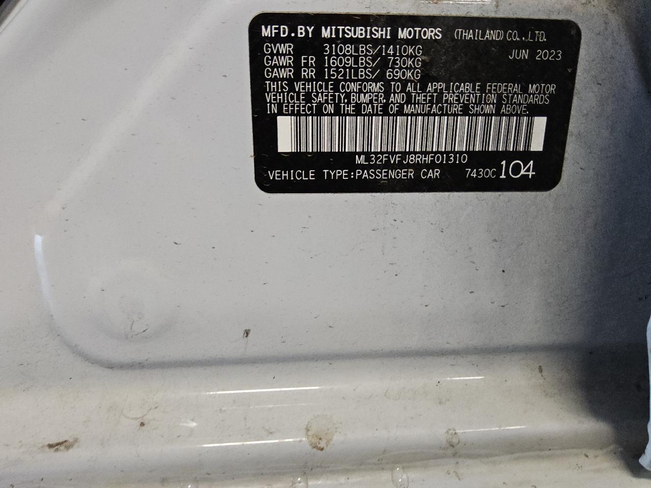 2024 Mitsubishi Mirage G4 Se VIN: ML32FVFJ8RHF01310 Lot: 51497365