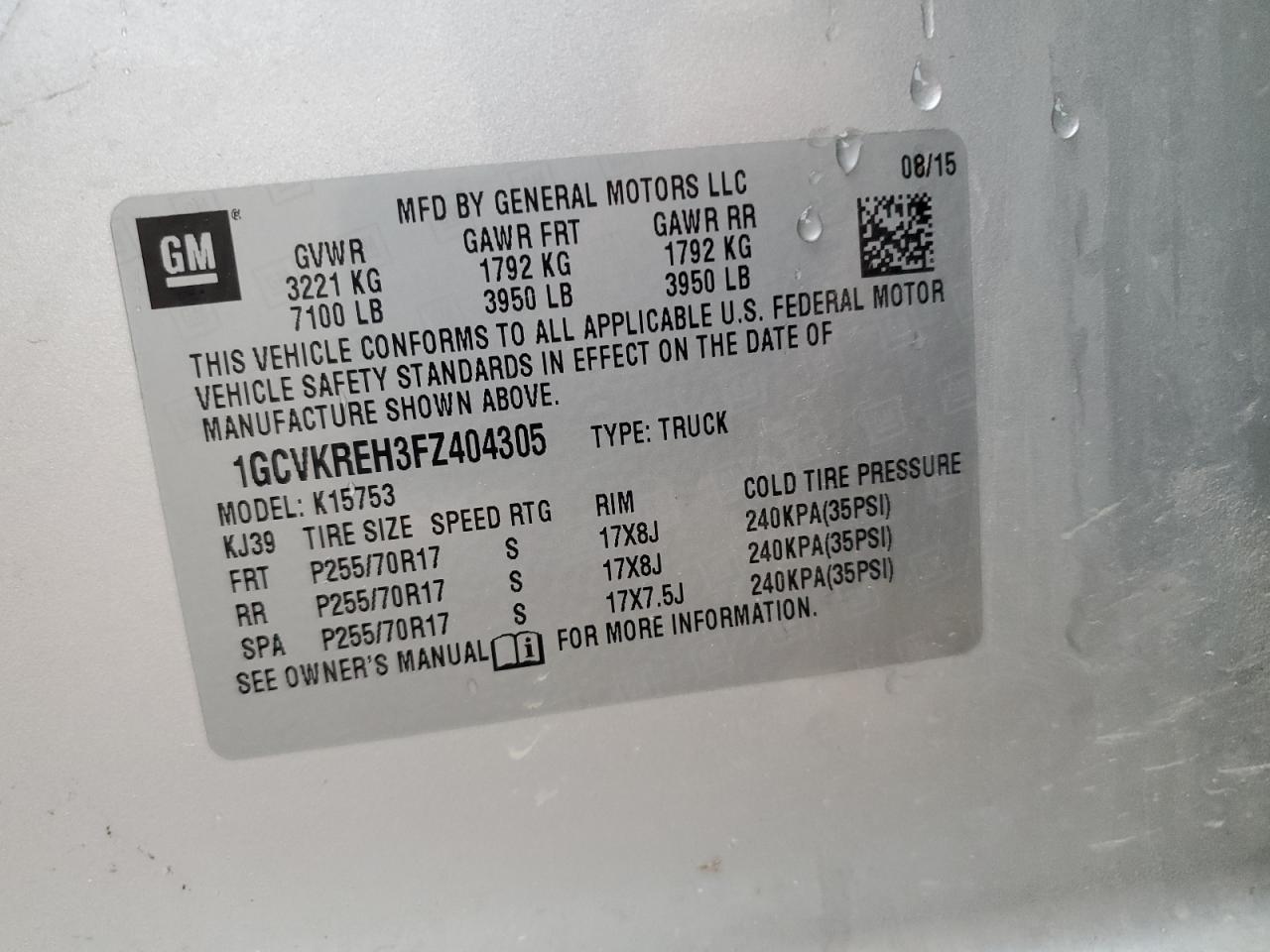 1gcvkreh3fz404305 1GCVKREH3FZ404305 2015 Chevrolet Silverado K1500 Lt