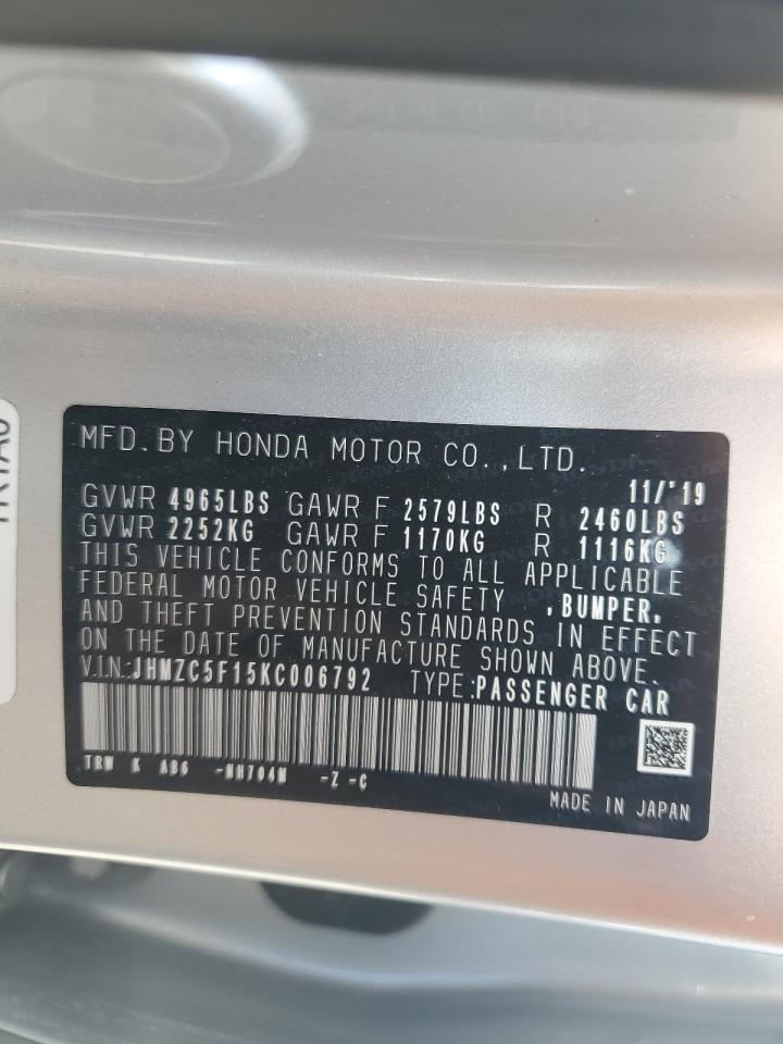 2019 Honda Clarity VIN: JHMZC5F15KC006792 Lot: 54598695