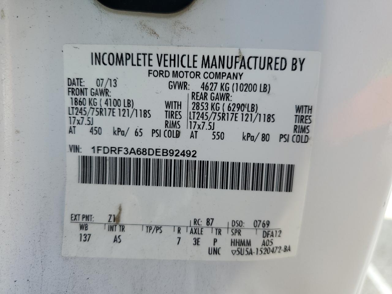 2013 Ford F350 Super Duty VIN: 1FDRF3A68DEB92492 Lot: 52358195