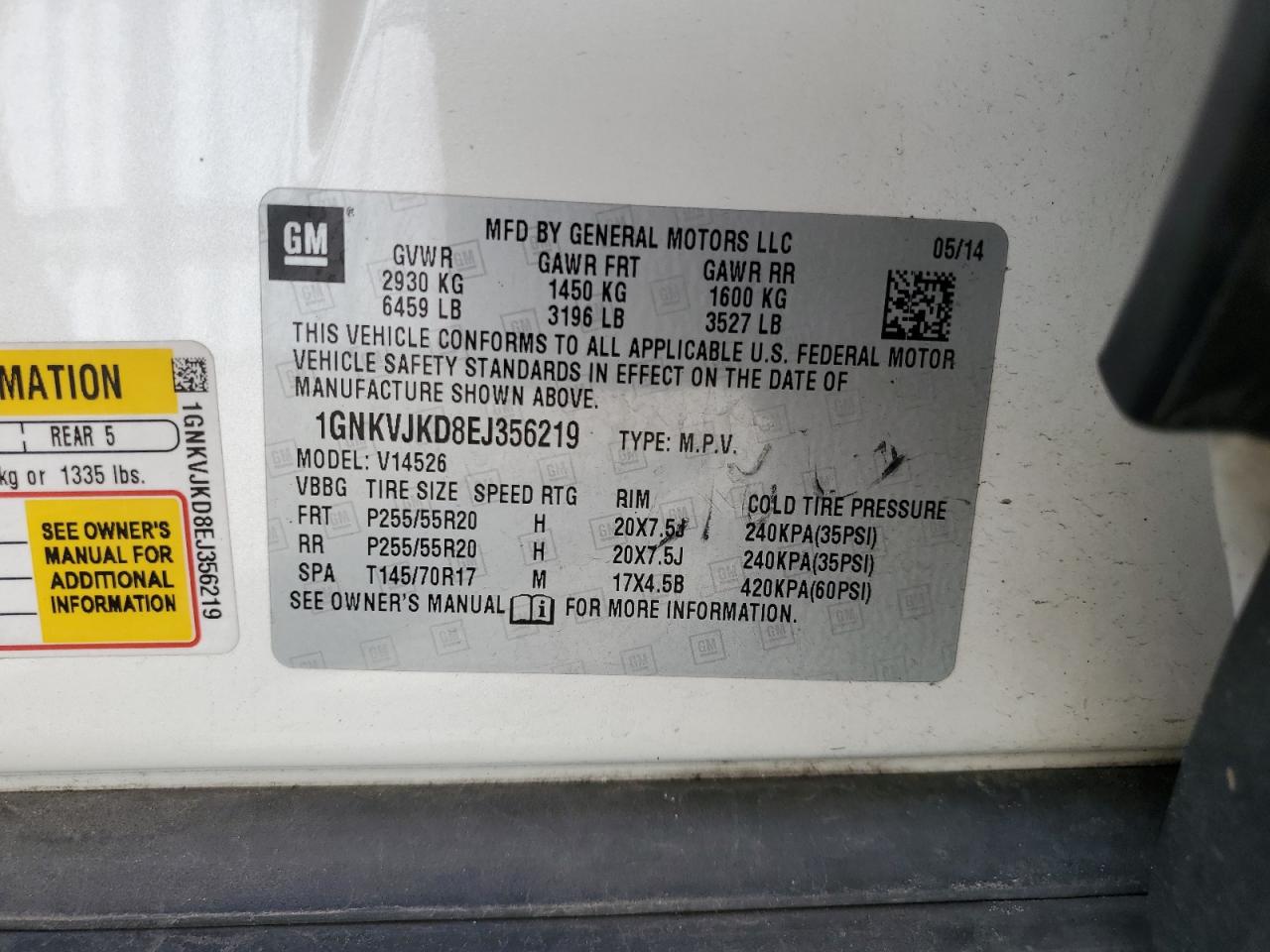 2014 Chevrolet Traverse Ltz VIN: 1GNKVJKD8EJ356219 Lot: 51275475