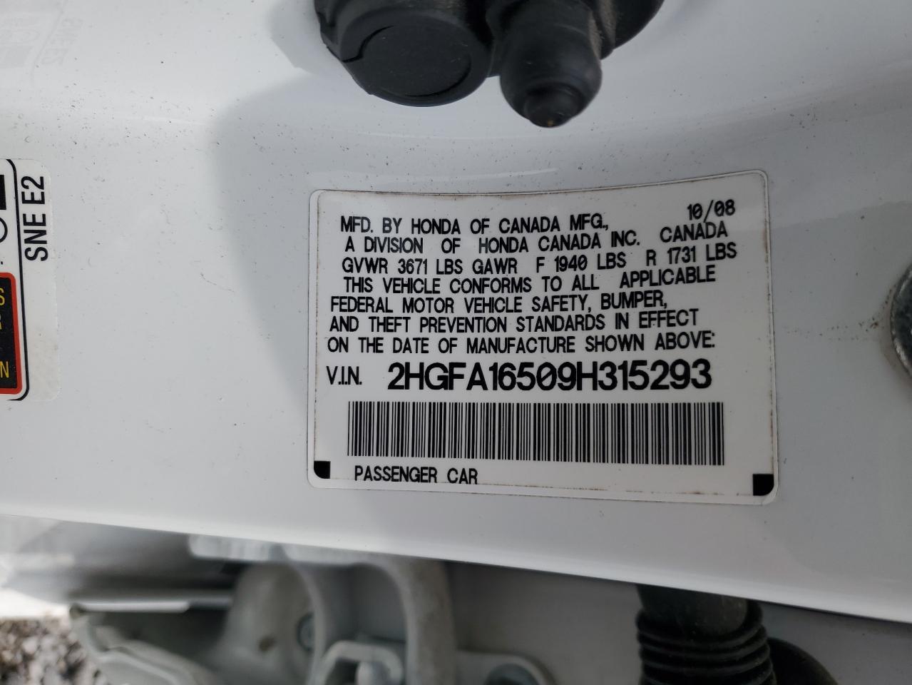 2009 Honda Civic Lx VIN: 2HGFA16509H315293 Lot: 54420845
