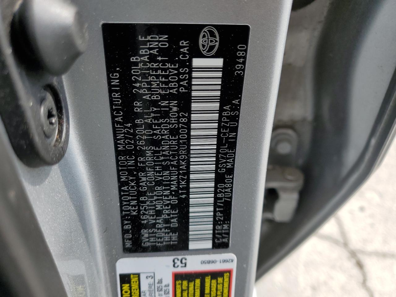 Buy TOYOTA CAMRY 2024 year, 4T1KZ1AK9RU100782 | W8 Shipping