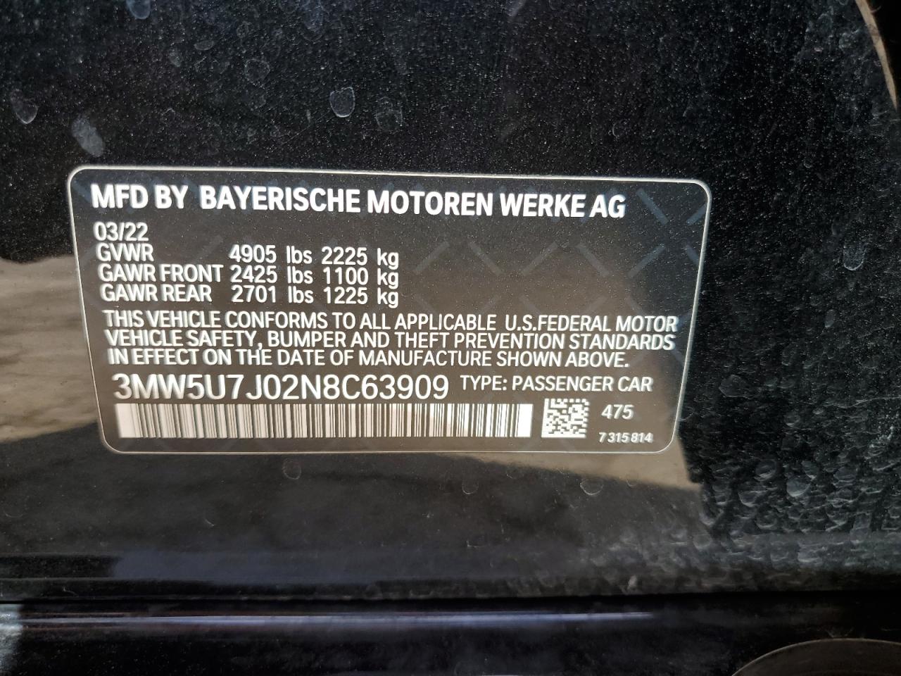2022 BMW M340I VIN: 3MW5U7J02N8C63909 Lot: 51903165