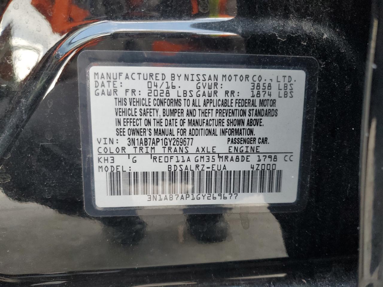 2016 Nissan Sentra S VIN: 3N1AB7AP1GY269677 Lot: 55013675