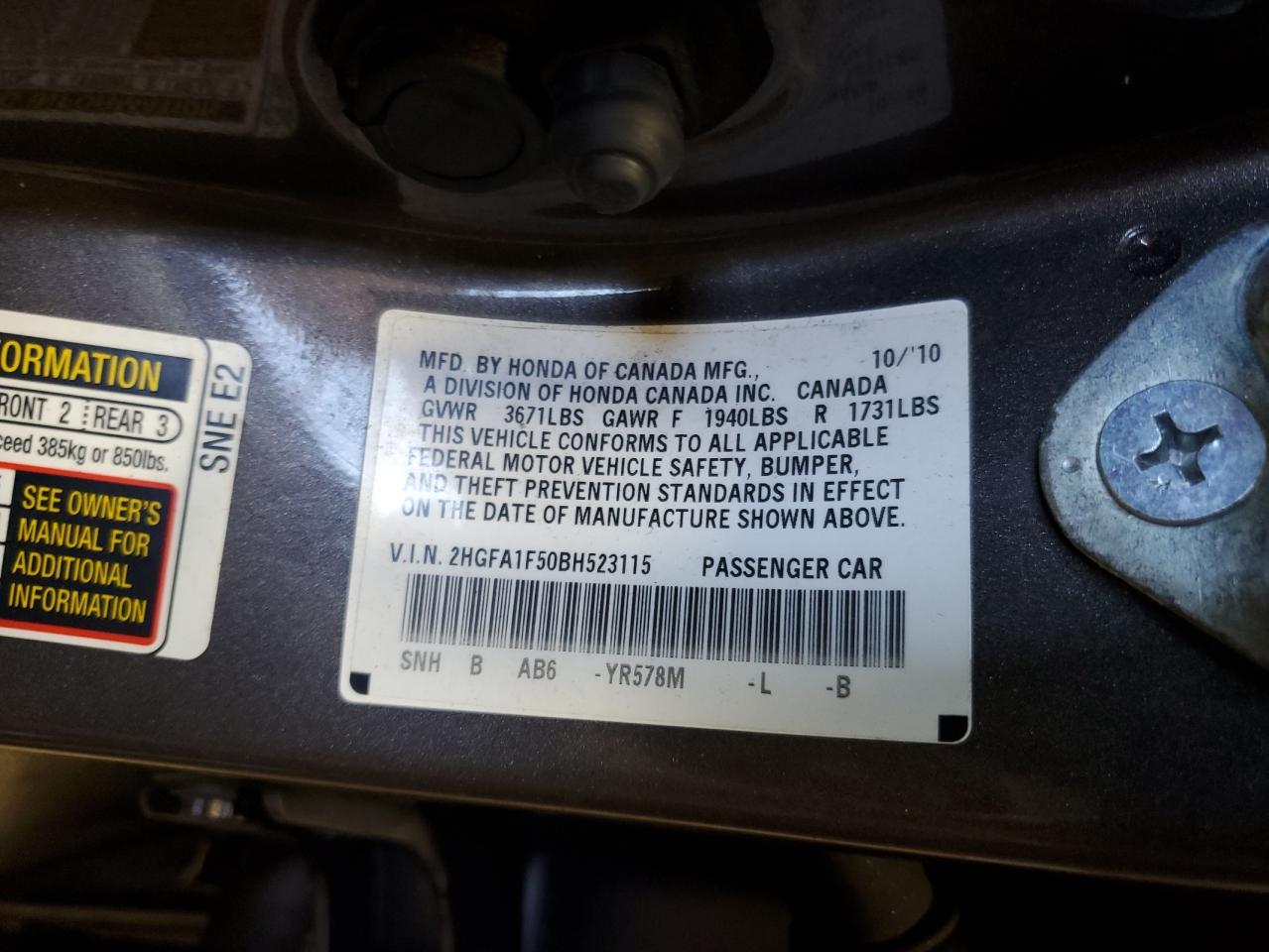 2011 Honda Civic Lx VIN: 2HGFA1F50BH523115 Lot: 53632965