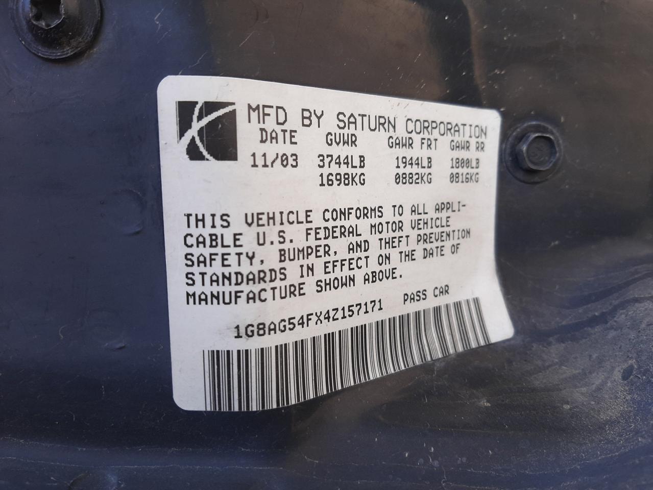 2004 Saturn Ion Level 1 VIN: 1G8AG54FX4Z157171 Lot: 51339645