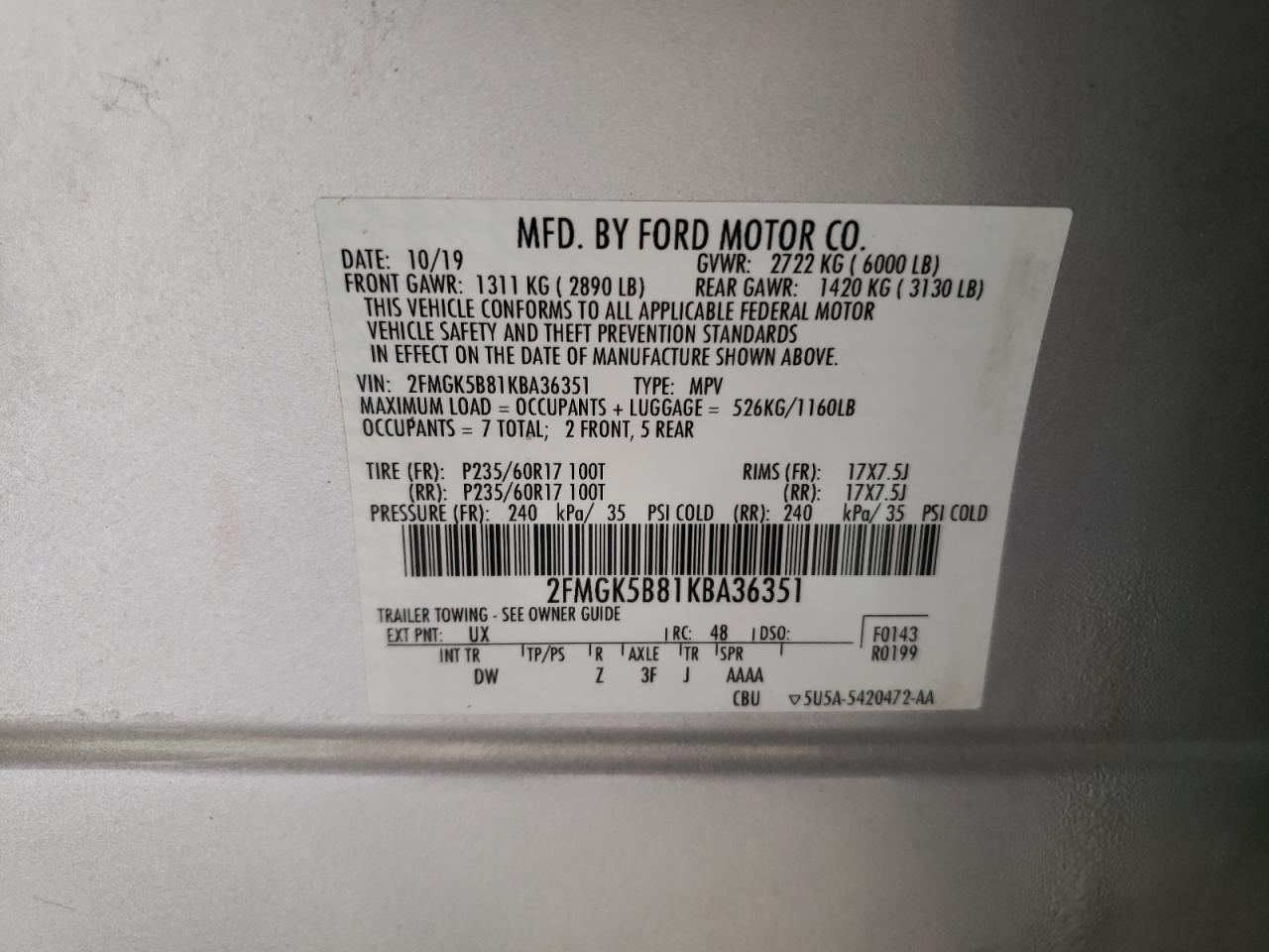 2019 Ford Flex Se VIN: 2FMGK5B81KBA36351 Lot: 53576875