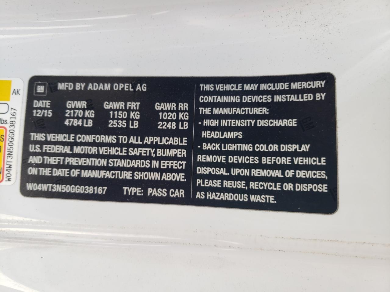 2016 Buick Cascada Premium VIN: W04WT3N50GG038167 Lot: 55147365