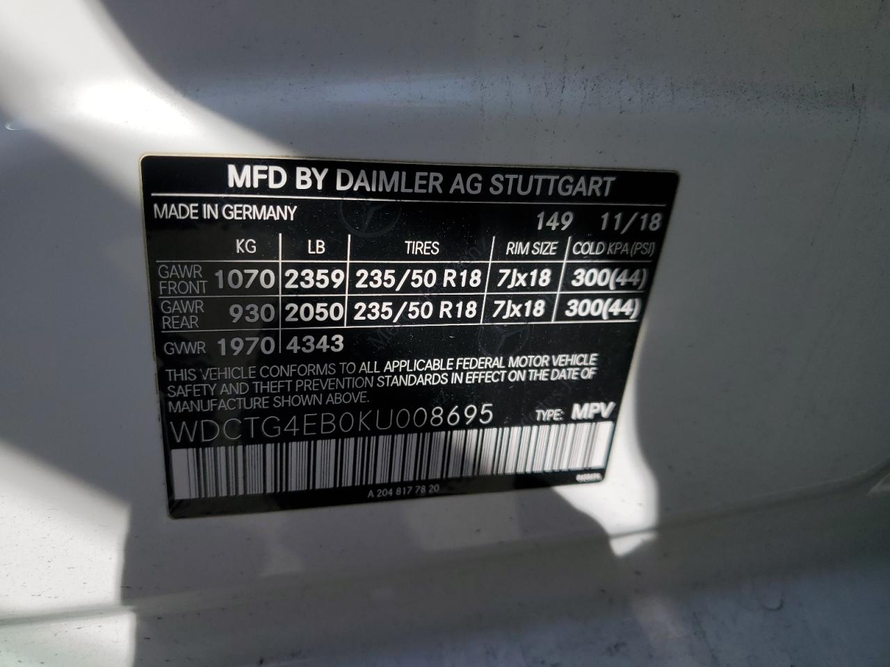 2019 Mercedes-Benz Gla 250 VIN: WDCTG4EB0KU008695 Lot: 51169415
