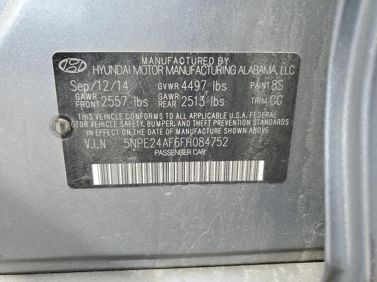 2015 Hyundai Sonata Se VIN: 5NPE24AF6FH084752 Lot: 56967625