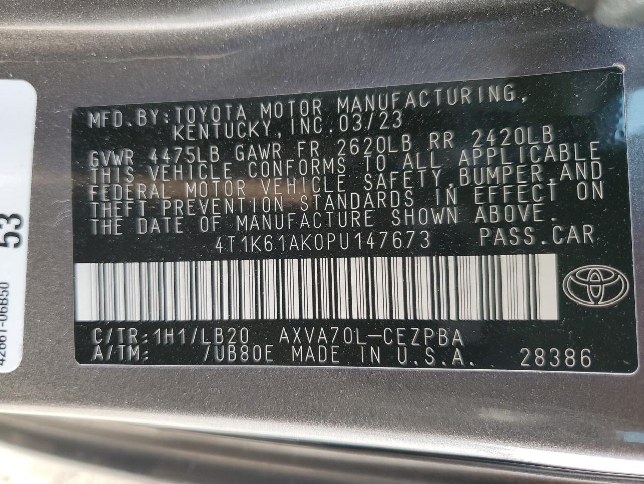2023 Toyota Camry Xse VIN: 4T1K61AK0PU147673 Lot: 53705765