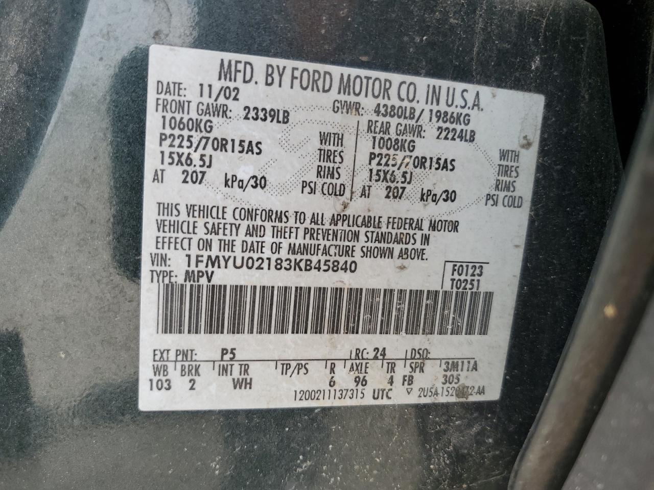 2003 Ford Escape Xls VIN: 1FMYU02183KB45840 Lot: 52782065