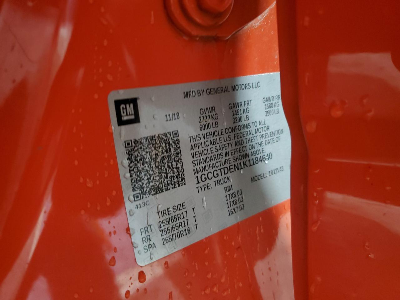 2019 Chevrolet Colorado Z71 VIN: 1GCGTDEN1K1184640 Lot: 52223385