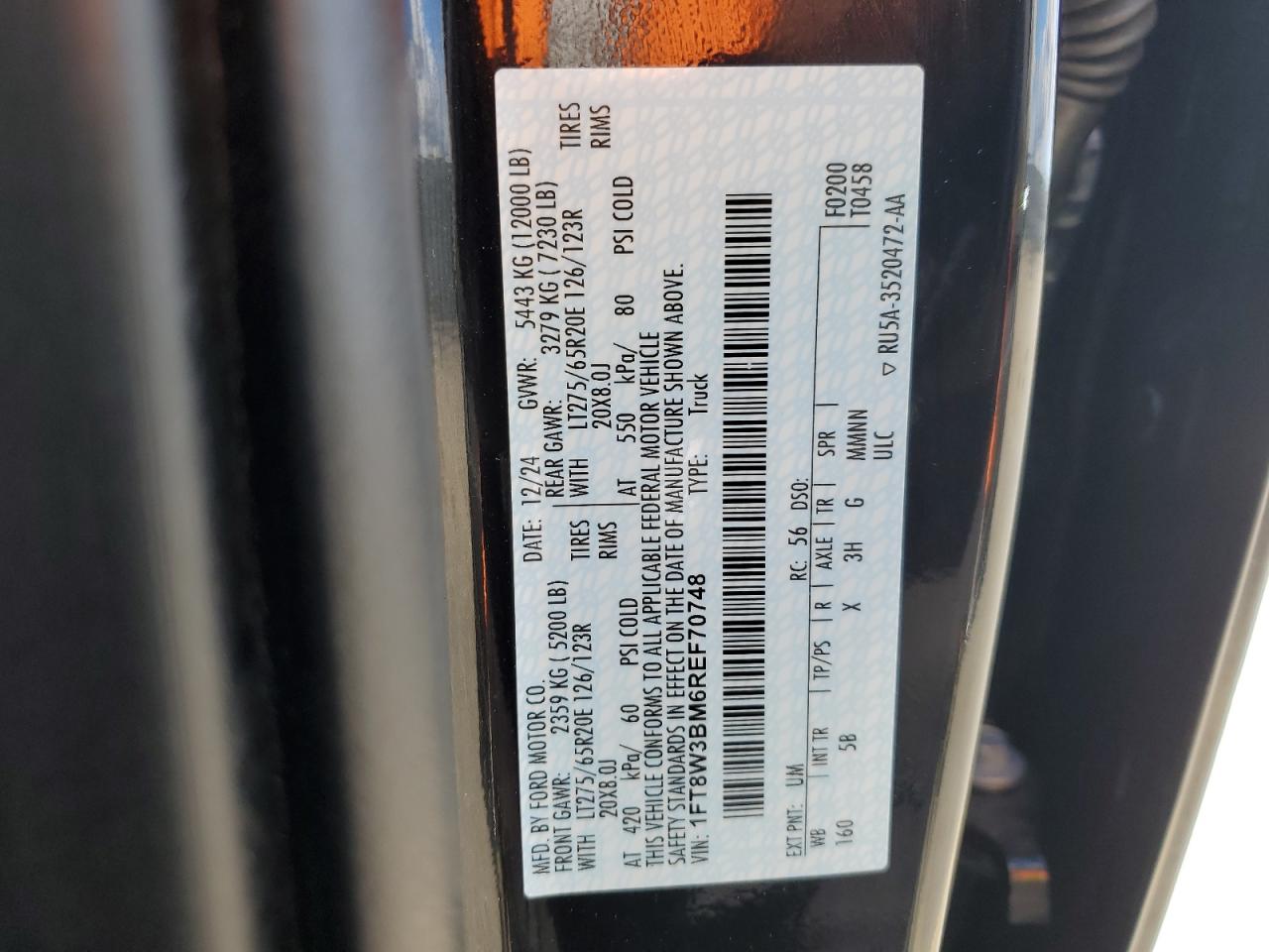2024 Ford F350 Super Duty VIN: 1FT8W3BM6REF70748 Lot: 51520485