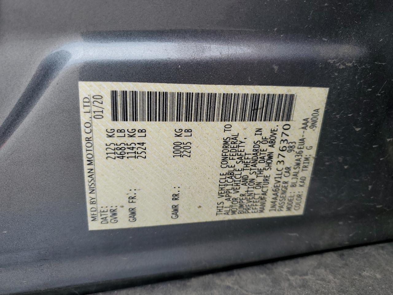 2020 Nissan Maxima Sr VIN: 1N4AA6EV1LC376370 Lot: 54069605