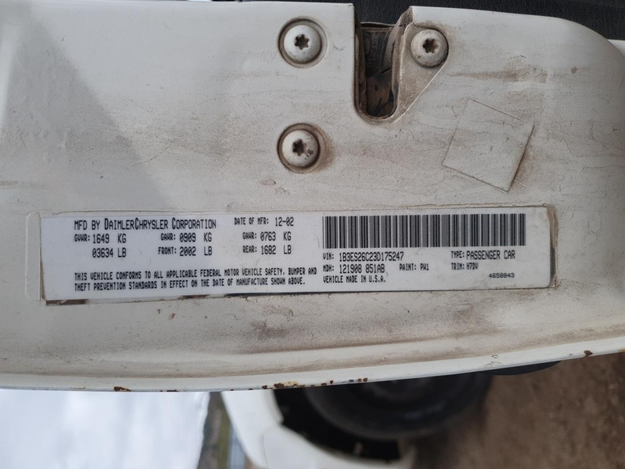 2003 Dodge Neon Se VIN: 1B3ES26C23D175247 Lot: 53463205
